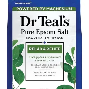 Dr Teal’s Epsom Bath Salt 1.36kg in Eucalyptus & Spearmint scent, designed to soothe muscles and relieve stress during a relaxing bath.​