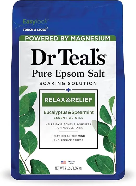 Dr Teal’s Epsom Bath Salt 1.36kg in Eucalyptus & Spearmint scent, designed to soothe muscles and relieve stress during a relaxing bath.​