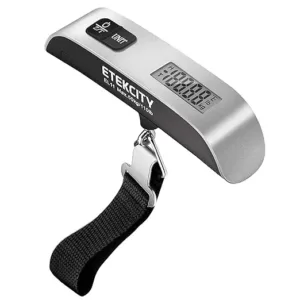 Ash Silver Etekcity Digital Luggage Scale with ergonomic handle, backlit LCD, and temperature sensor. Ideal for travelers seeking accurate and portable luggage weighing.