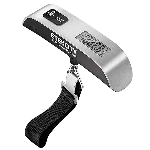 Ash Silver Etekcity Digital Luggage Scale with ergonomic handle, backlit LCD, and temperature sensor. Ideal for travelers seeking accurate and portable luggage weighing.