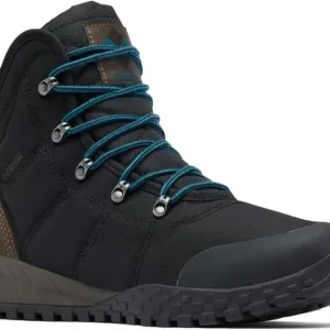 Columbia Fairbanks Rover men's winter boots in black with waterproof construction, insulated lining, and aggressive tread pattern, shown displaying the cold weather protection features