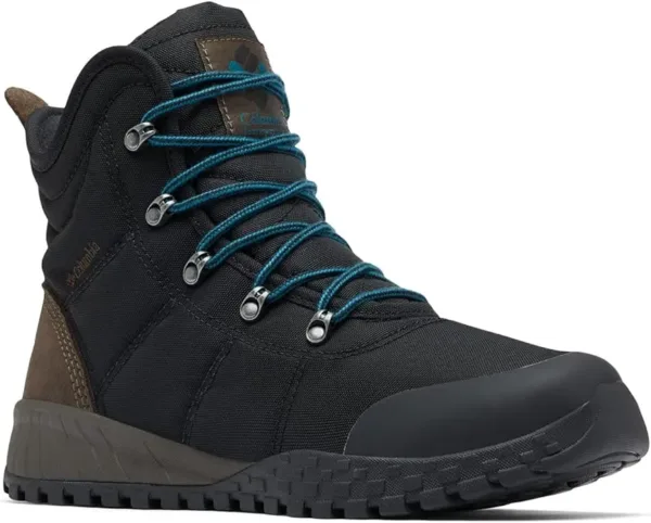 Columbia Fairbanks Rover men's winter boots in black with waterproof construction, insulated lining, and aggressive tread pattern, shown displaying the cold weather protection features