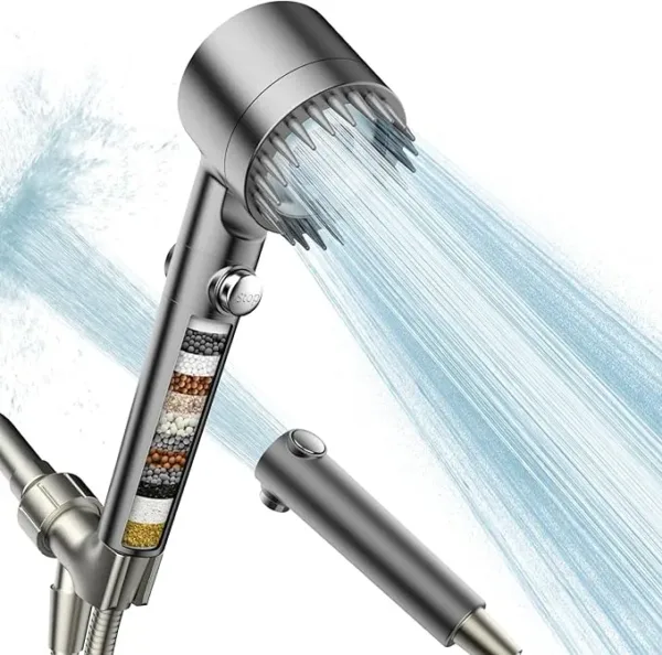 Handheld high pressure shower head with filter, spray modes, and ON/OFF button for hard water