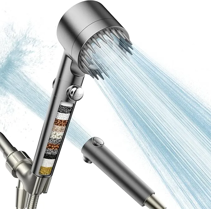Handheld high pressure shower head with filter, spray modes, and ON/OFF button for hard water