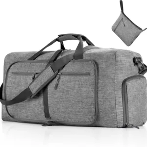 Foldable travel duffel bag with waterproof, tear-resistant material and a shoe compartment. Ideal for men and women, perfect for overnight trips and easy packing.