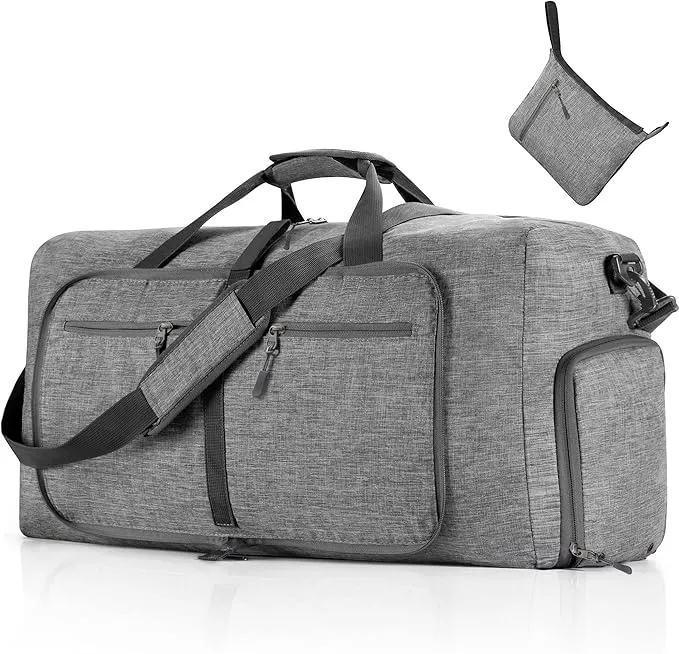 Foldable travel duffel bag with waterproof, tear-resistant material and a shoe compartment. Ideal for men and women, perfect for overnight trips and easy packing.