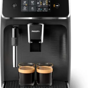 Fully automatic espresso machine with touch display, milk frother, and large 1.8L water tank.