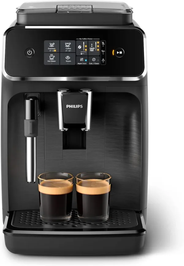 Fully automatic espresso machine with touch display, milk frother, and large 1.8L water tank.