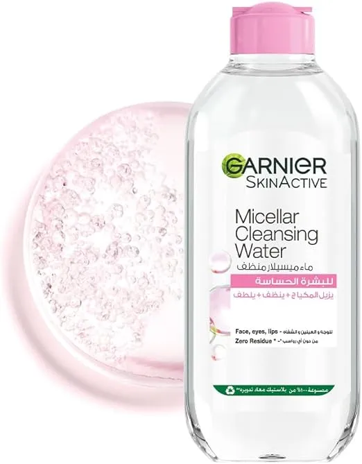 Garnier SkinActive Micellar Water 400ml bottle with pink cap, featuring gentle makeup removing formula suitable for sensitive skin and daily cleansing.