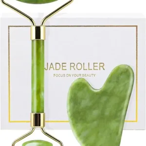 Genuine jade roller and gua sha set – facial sculpting tools for firming, cooling, reducing puffiness, and enhancing serum absorption in your skincare routine.