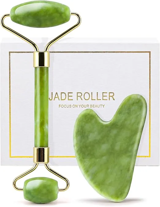 Genuine jade roller and gua sha set – facial sculpting tools for firming, cooling, reducing puffiness, and enhancing serum absorption in your skincare routine.