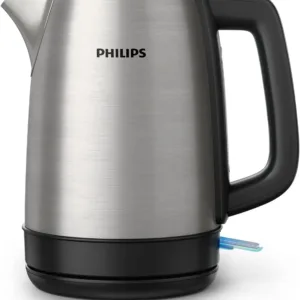 Electric stainless steel kettle with 1.7L capacity in silver and black design.