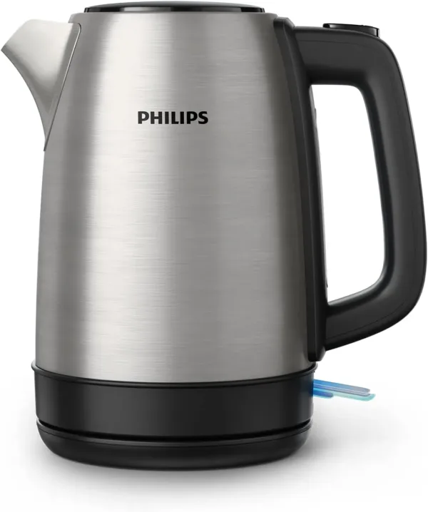 Electric stainless steel kettle with 1.7L capacity in silver and black design.