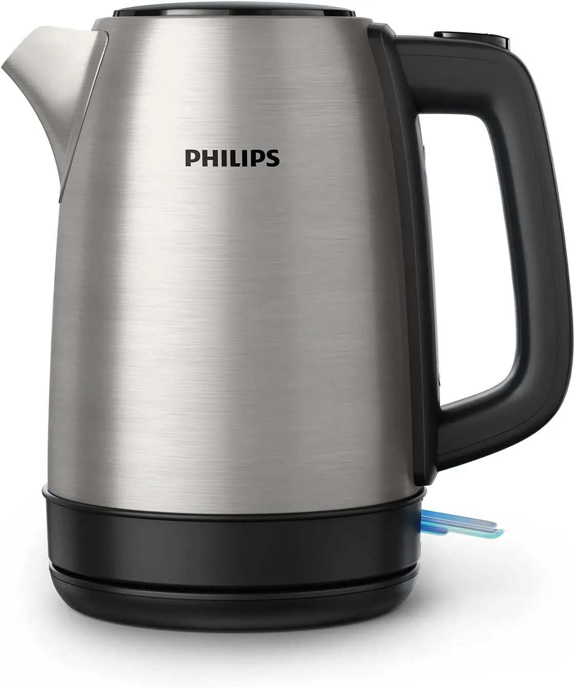 Electric stainless steel kettle with 1.7L capacity in silver and black design.
