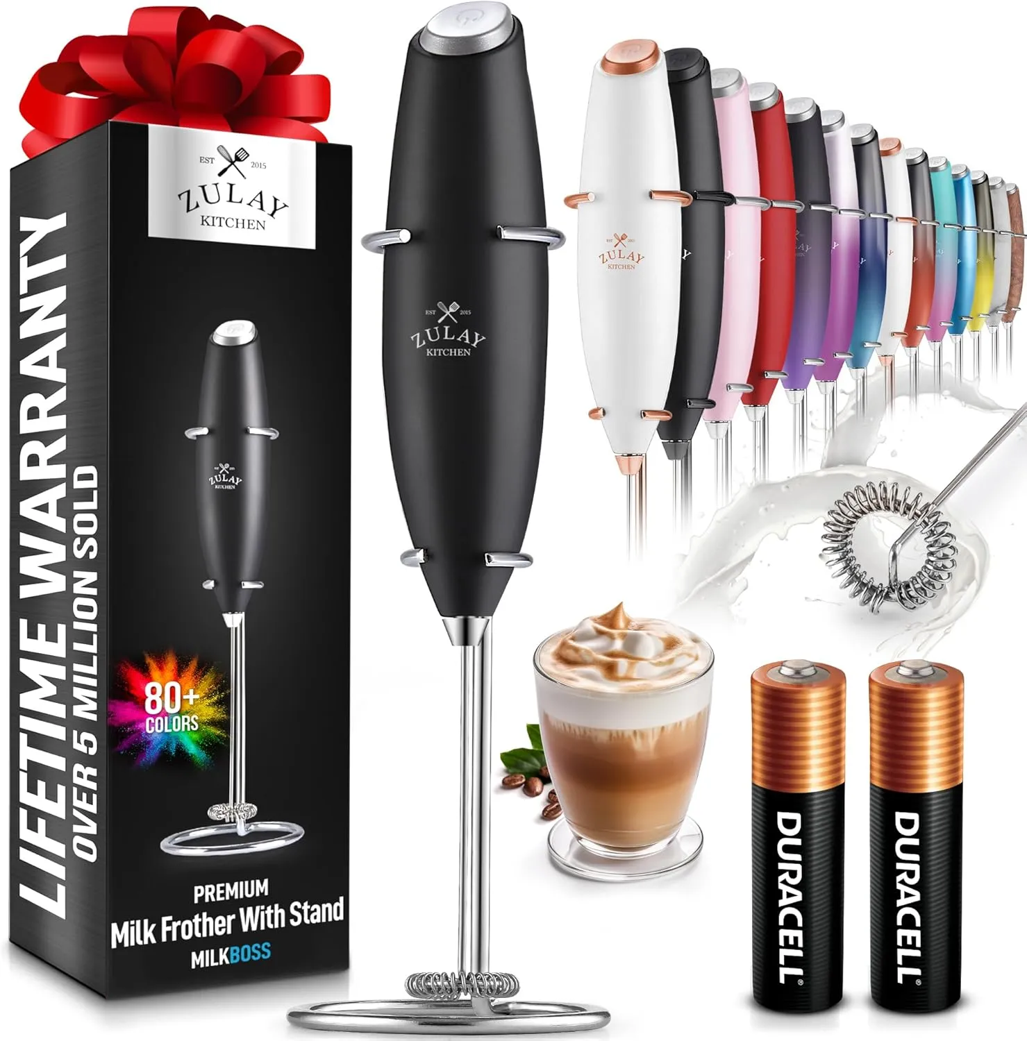 Electric handheld drink frother in black, ideal for creating foam in coffee and other beverages.