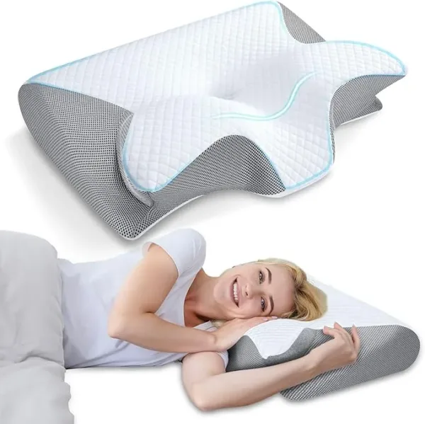 HOMCA ergonomic cervical pillow with memory foam and contoured design for neck pain relief, suitable for side, back, and stomach sleepers—2-in-1 support pillow.