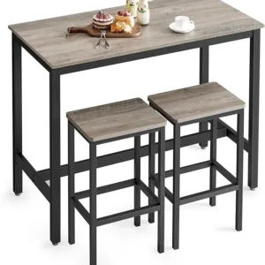 Industrial bar table set with 2 stools – greige wood and black metal dining set for kitchen or living room