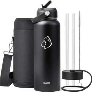 40oz black insulated stainless steel water bottle with straw lid and flex cap, featuring double-wall design.