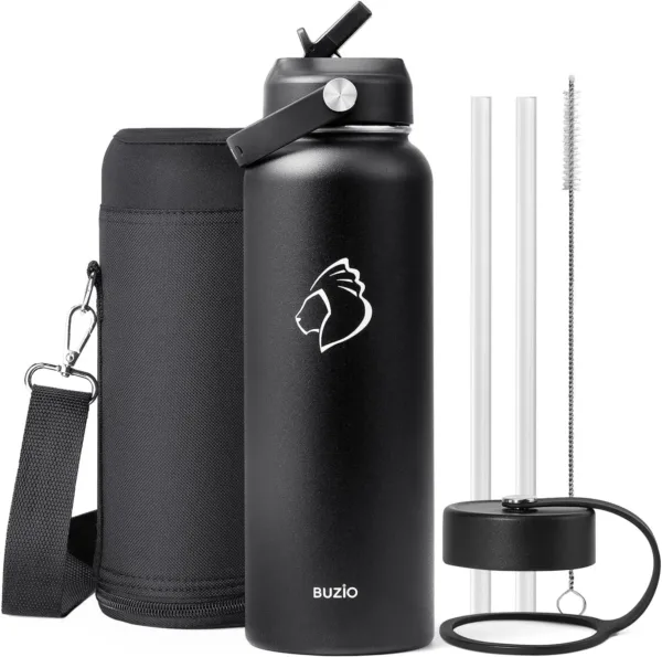 40oz black insulated stainless steel water bottle with straw lid and flex cap, featuring double-wall design.