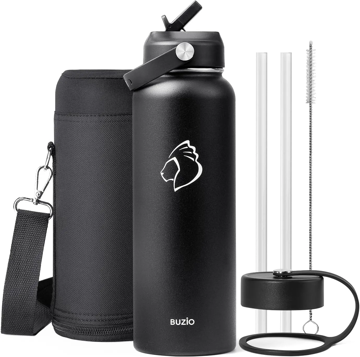 40oz black insulated stainless steel water bottle with straw lid and flex cap, featuring double-wall design.