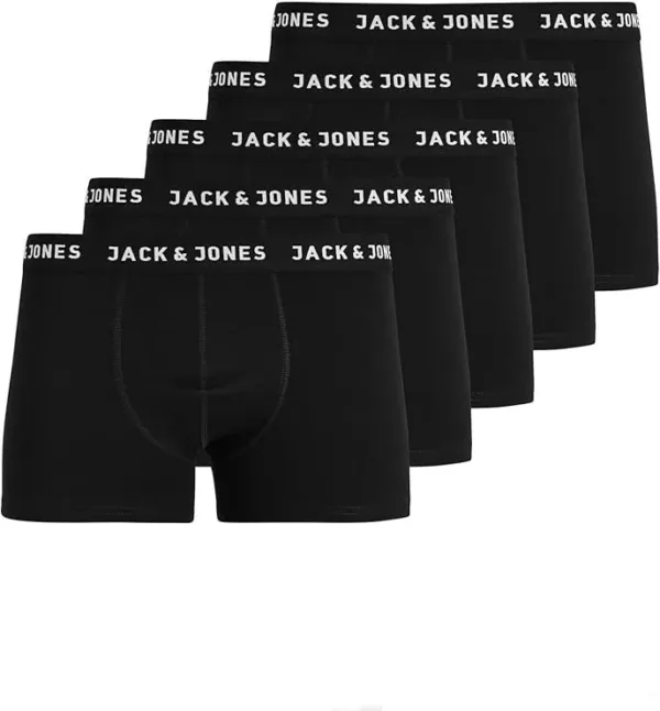 Jack & Jones men’s stretch cotton trunks in a 5-pack – comfortable, form-fitting underwear offering soft support and breathable fabric for daily wear.