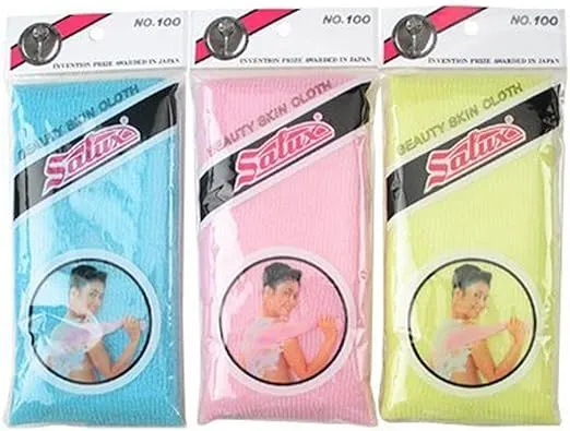 3-pack Japanese exfoliating nylon bath wash cloths in blue, yellow, and pink