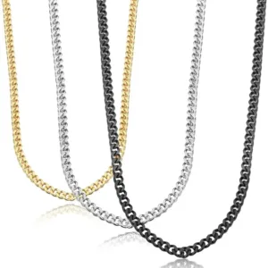 Jstyle Cuban Link chain necklace made of 3.5mm stainless steel links, available in black, silver, and gold, with multiple lengths from 16" to 30" for men and women.
