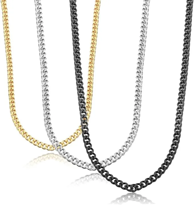 Jstyle Cuban Link chain necklace made of 3.5mm stainless steel links, available in black, silver, and gold, with multiple lengths from 16" to 30" for men and women.