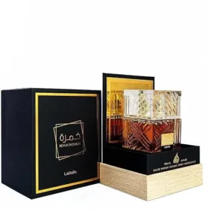 Lattafa Khamrah perfume 100ml bottle with elegant gold and black packaging, featuring luxury unisex eau de parfum with oriental fragrance notes.