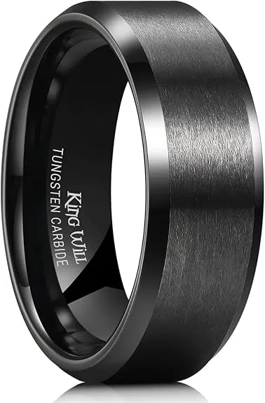 King Will men’s tungsten wedding band with matte finish and polished beveled edge. Available in black or silver, 6mm to 10mm widths, offering a comfort fit.