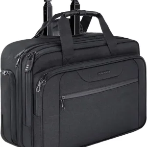 KROSER premium rolling laptop case with waterproof exterior, RFID pockets, and wheels. Fits 17.3” devices, ideal for work or travel, offering durability and convenience.