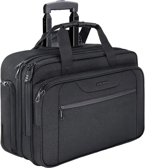 KROSER premium rolling laptop case with waterproof exterior, RFID pockets, and wheels. Fits 17.3” devices, ideal for work or travel, offering durability and convenience.