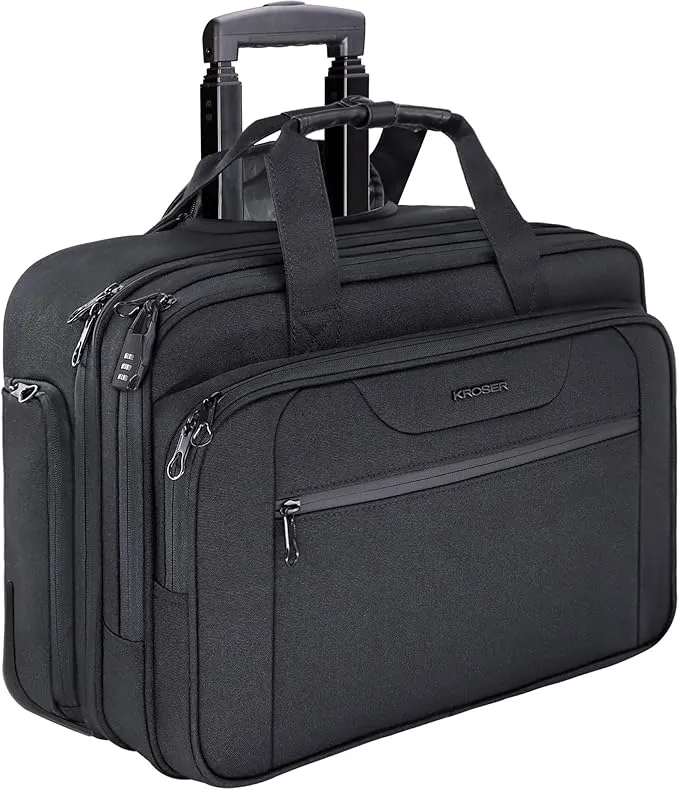 KROSER premium rolling laptop case with waterproof exterior, RFID pockets, and wheels. Fits 17.3” devices, ideal for work or travel, offering durability and convenience.