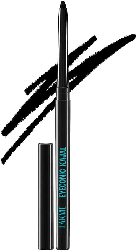 Lakmé Eyeconic kajal 0.35g twist-up eyeliner in matte black with sleek packaging, featuring waterproof and smudge-proof formula for eye definition.