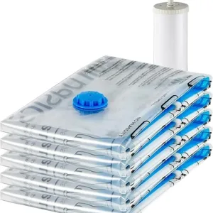 5-pack of Amazon Basics vacuum seal bags with hand pump, double-zip seal, and airtight valve, perfect for efficient space-saving storage.