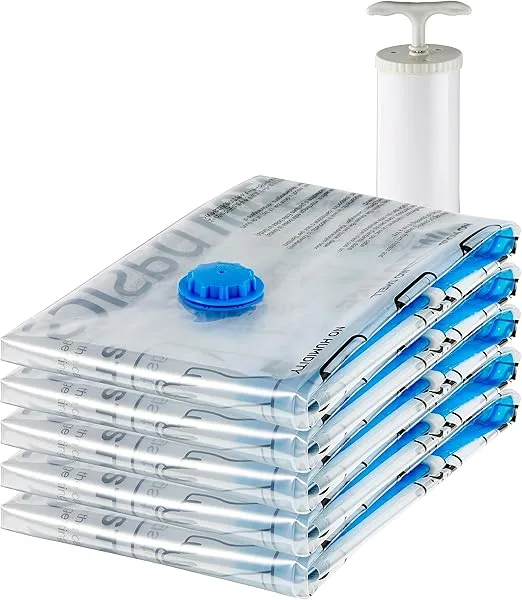 5-pack of Amazon Basics vacuum seal bags with hand pump, double-zip seal, and airtight valve, perfect for efficient space-saving storage.