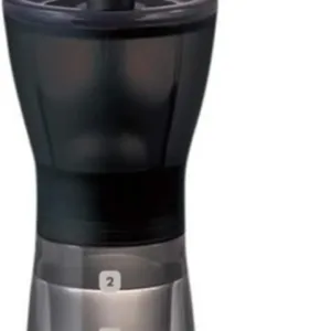 Manual coffee grinder with ceramic burrs and adjustable hand crank design.