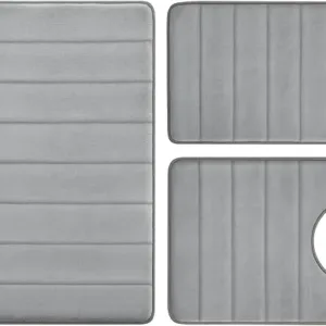 Grey 3-piece memory foam bathroom rug set – non-slip, absorbent, and washable bath mats