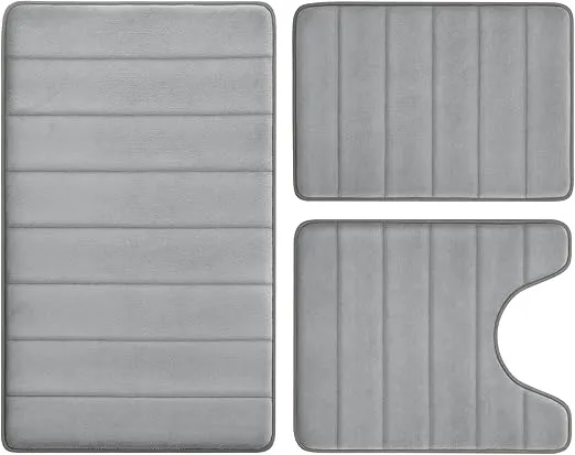 Grey 3-piece memory foam bathroom rug set – non-slip, absorbent, and washable bath mats