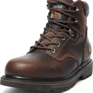 Timberland PRO Pit Boss men's 6-inch soft toe work boots in brown leather with lace-up closure, anti-fatigue midsole, and slip-resistant outsole, displayed showing the durable work boot constructionRetryClaude can make mistakes. Please double-check responses.