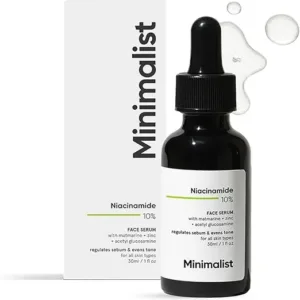 Minimalist niacinamide 10% serum with zinc 30ml dropper bottle with clean packaging, featuring oil control and acne mark correcting formula.