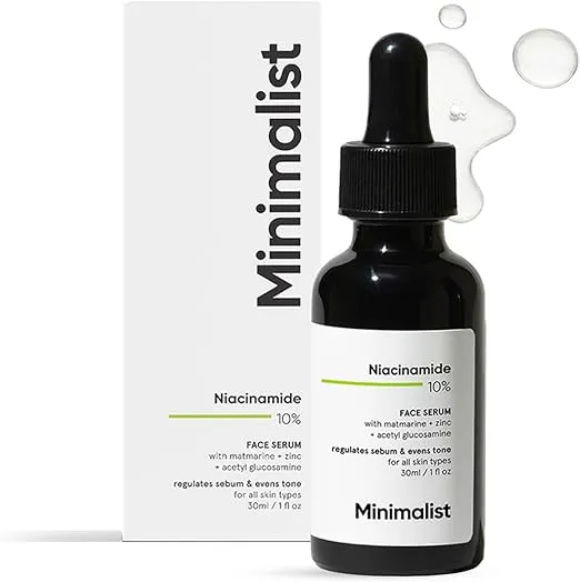 Minimalist niacinamide 10% serum with zinc 30ml dropper bottle with clean packaging, featuring oil control and acne mark correcting formula.