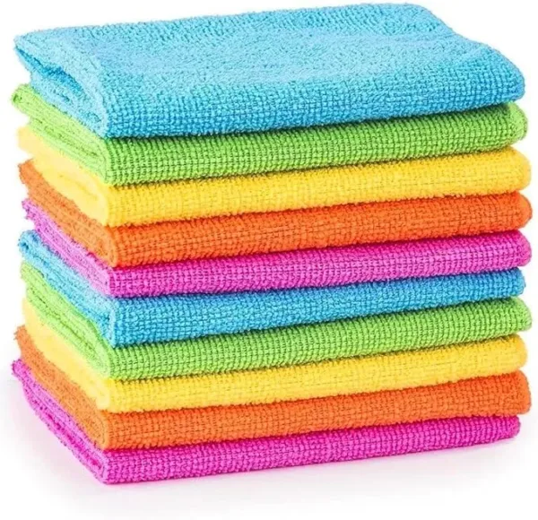 10-pack of MTS multi-coloured microfibre cleaning cloths, perfect for car detailing, dusting, polishing, and household cleaning—soft, reusable, and lint-free.