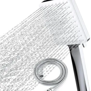 Handheld chrome shower head with 6 spray modes and 1.5m hose for high-pressure bathroom use