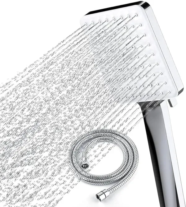Handheld chrome shower head with 6 spray modes and 1.5m hose for high-pressure bathroom use