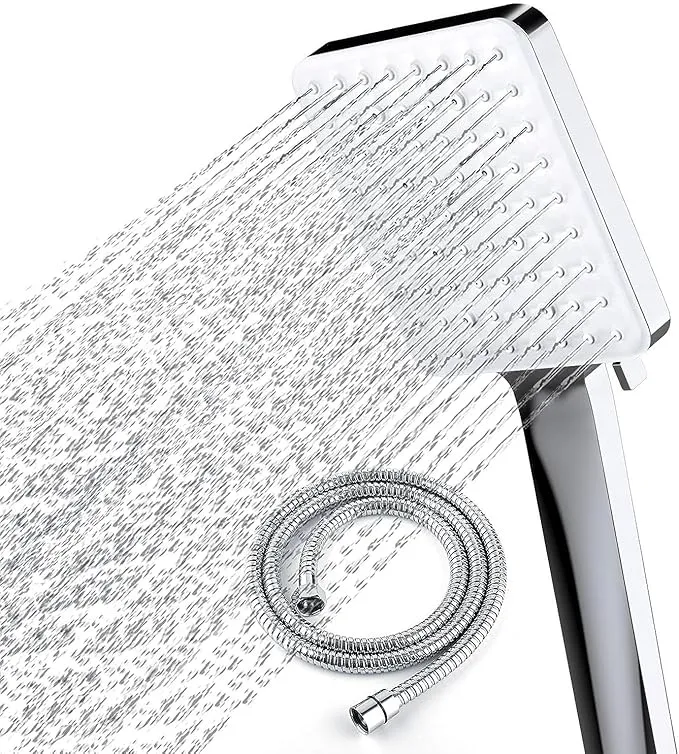 Handheld chrome shower head with 6 spray modes and 1.5m hose for high-pressure bathroom use
