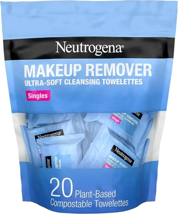 Neutrogena daily facial cleansing wipes 20-pack with blue packaging, featuring alcohol-free makeup remover towelettes for gentle daily cleansing.