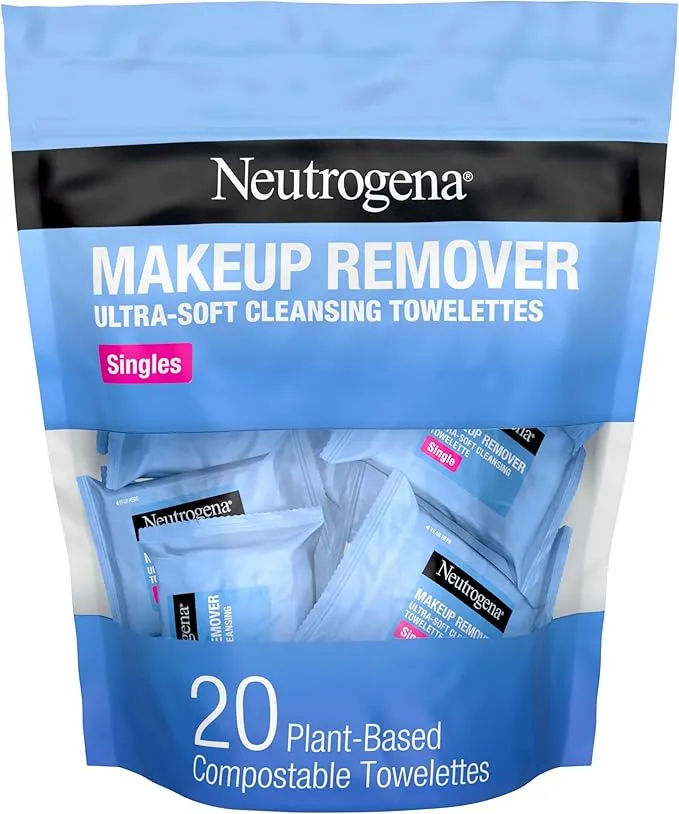 Neutrogena daily facial cleansing wipes 20-pack with blue packaging, featuring alcohol-free makeup remover towelettes for gentle daily cleansing.