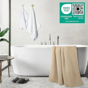 oversized microfiber bath towel set 6 piece – quick dry & lint free, waffle weave in white & beige, 76x152 cm