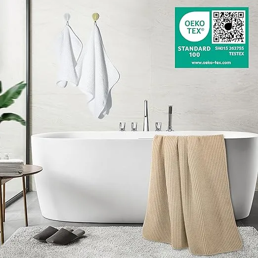 oversized microfiber bath towel set 6 piece – quick dry & lint free, waffle weave in white & beige, 76x152 cm